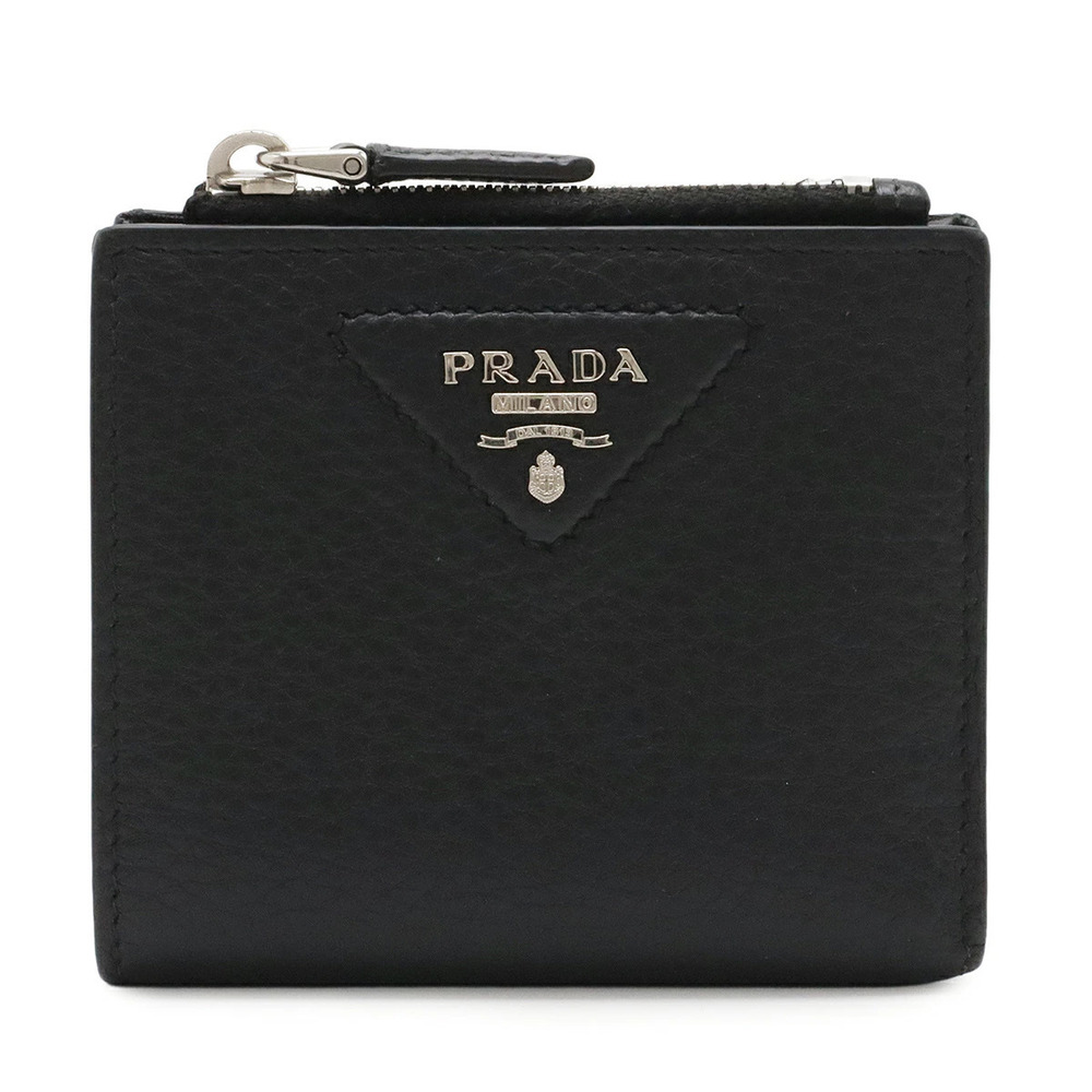 Prada Triangle Compact Wallet Bi fold Leather Black Nero Black